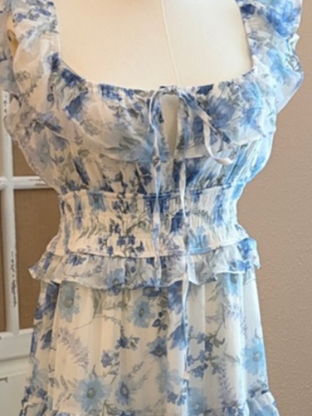 Altar'd State NWT Blue and White Floral Ruffled Maxi Dress Large